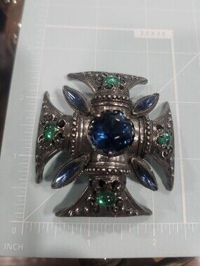 Florenzia Antique Style Maltese Cross Brooch with Blue and Green Stones